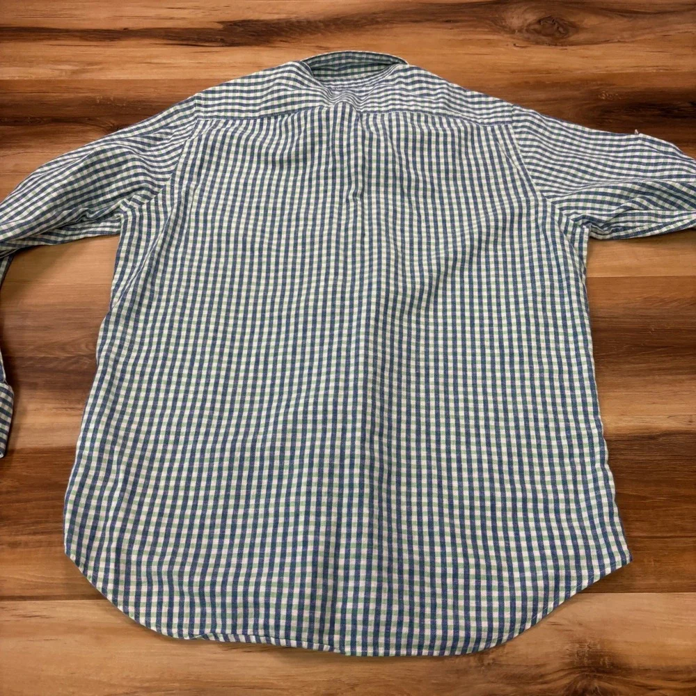 Banana Republic Button Up Shirt Large Gingham Linen Cotton Casual Green Blue